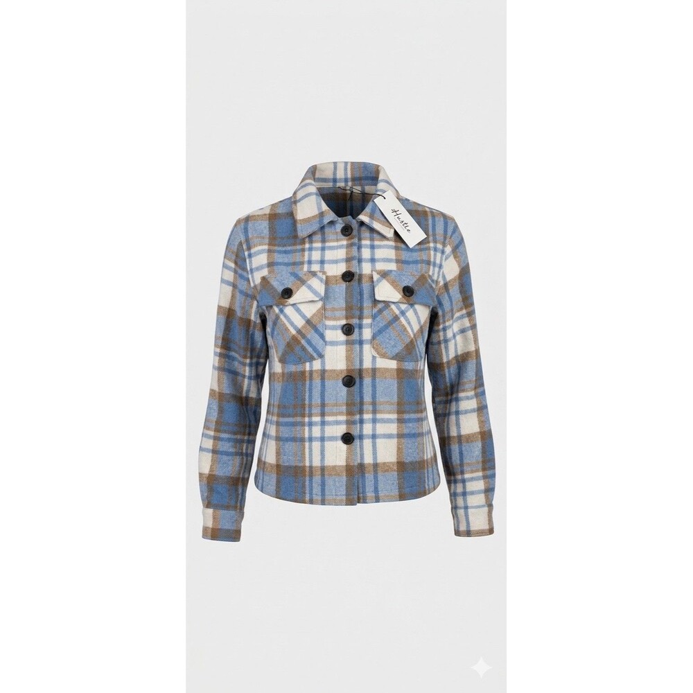 NWT Binshre Plaid Shacket Women's Small Blue Brown Flannel Button Jacket Sweater